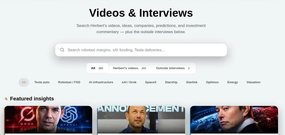 Videos & Interviews library with search, topic filters, and featured video thumbnails.