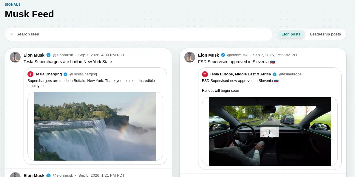 Musk Feed with search, post filters, and Tesla Supercharger and FSD posts.